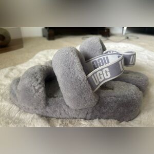 Ugg Grey Grey Oh Ya Fluff Logo Strapped Platform Shearling Slippers Size 8.5